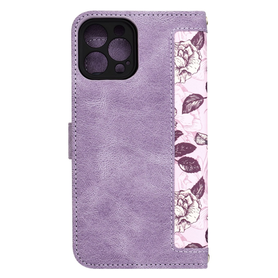 Husa pentru iPhone 12 Pro Max din Piele Ecologică cu Design Floral, Protecție 360°, Stand Integrat, Buzunare pentru Carduri, SKDR Floral Wallet - Mov - 2 | YEO