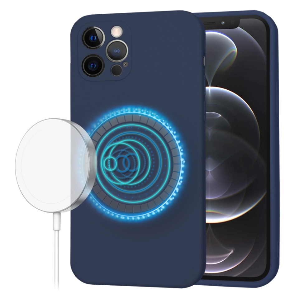 Husa pentru iPhone 12 Pro, SKYDDAR INNOVATION, din Silicon Catifelat, SoftFlex Magsafe, set cu sticker, Bleumarin