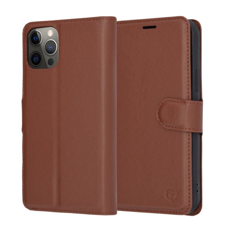 Husa pentru iPhone 12, SKYDDAR INNOVATION, Leather Folio tip Carte, cu Portofel Interior, Finisaje Premium, set cu sticker, Maro