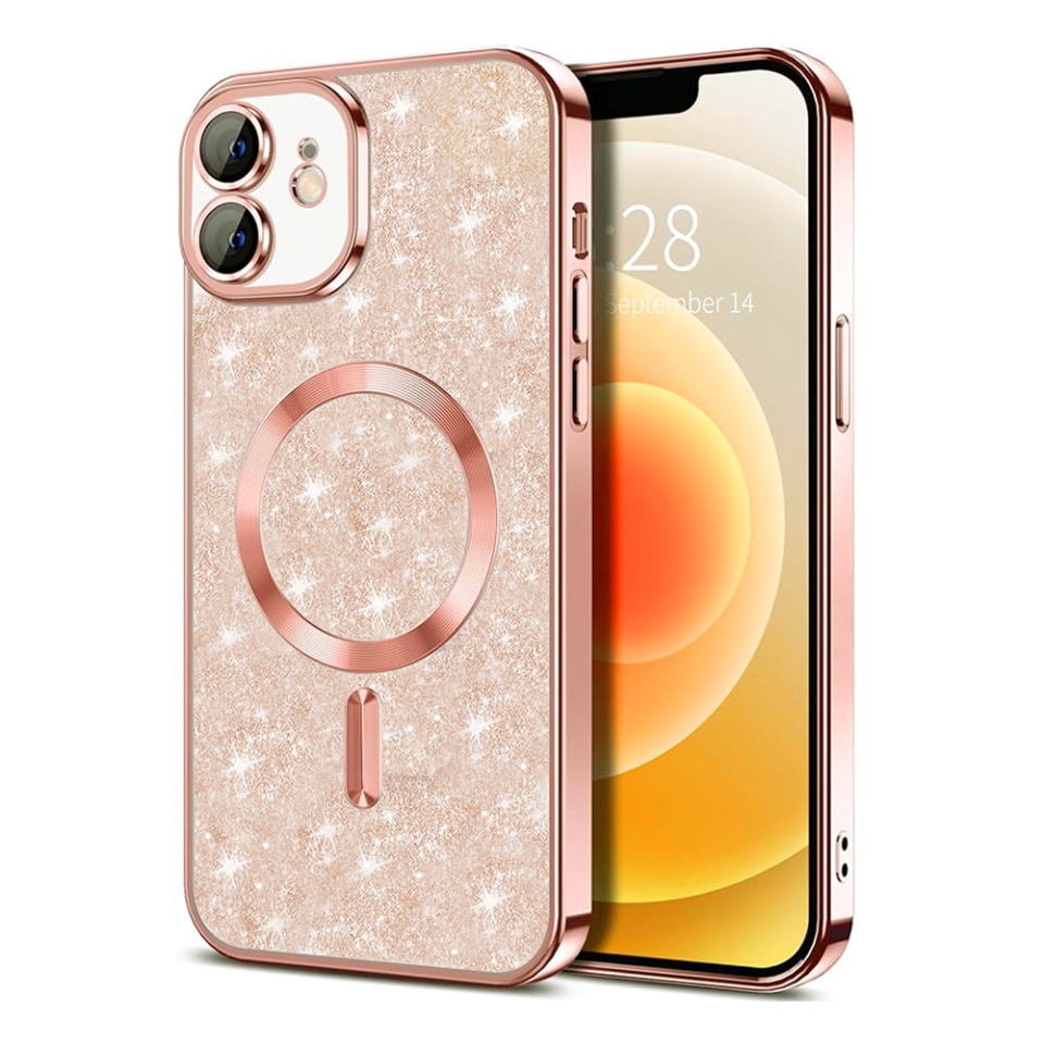 Husa pentru iPhone 12, SKYDDAR INNOVATION, Luxury Glitter Magsafe, Antisoc, Fundal Detasabil 2-in-1, Protectie Superioara, Margini Ridicate, Roz auriu, set cu sticker