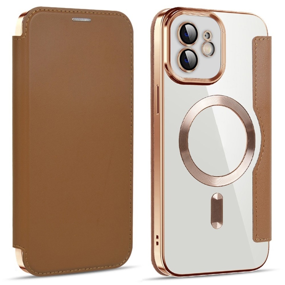 Husa pentru iPhone 12 tip carte, SKYDDAR INOVATION, SmartMag Book, Magsafe, RFiD, Suport Carduri, set cu sticker, Maro - 1 | YEO