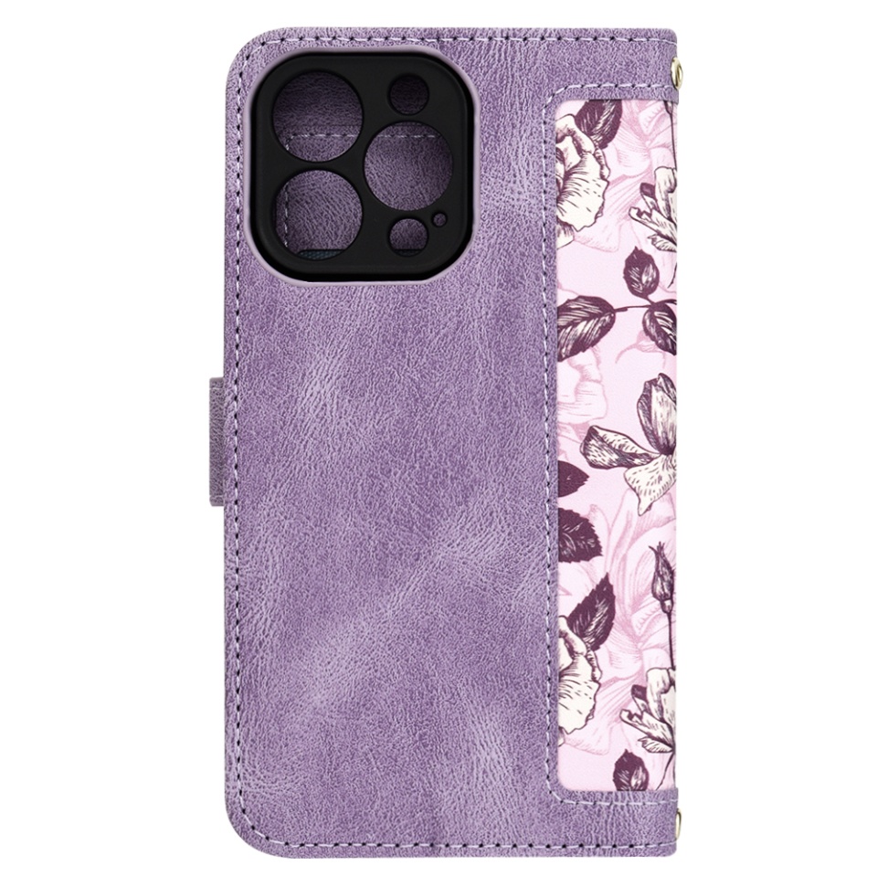 Husa pentru iPhone 13 Pro din Piele Ecologică cu Design Floral, Protecție 360°, Stand Integrat, Buzunare pentru Carduri, SKDR Floral Wallet - Mov - 2 | YEO
