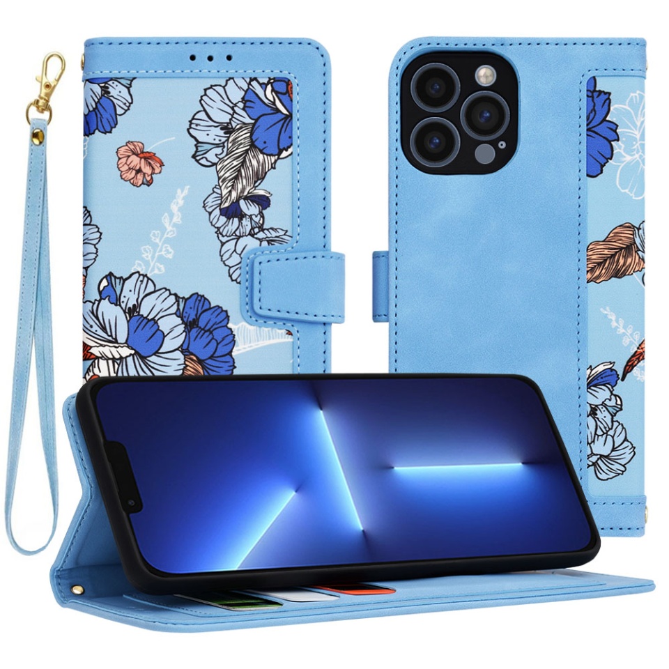 Husa pentru iPhone 13 Pro Max din Piele Ecologică cu Design Floral, Protecție 360°, Stand Integrat, Buzunare pentru Carduri, SKDR Floral Wallet - Bleu