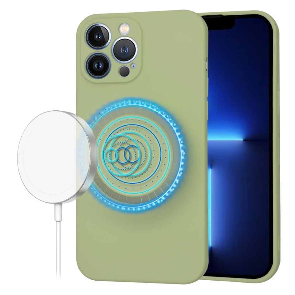 Husa pentru iPhone 13 Pro Max, SKYDDAR INNOVATION, din Silicon Catifelat, SoftFlex Magsafe, Verde, set cu sticker
