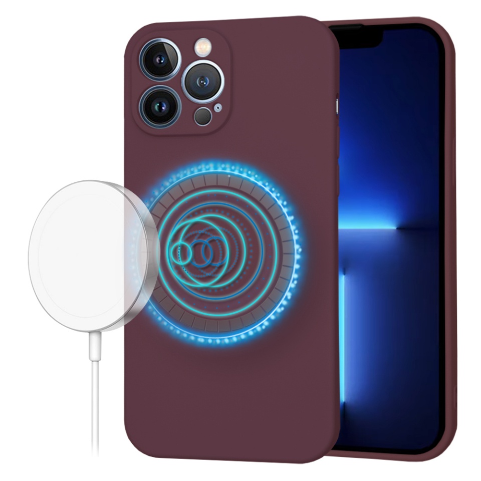 Husa pentru iPhone 13 Pro Max, SKYDDAR INNOVATION, din Silicon Catifelat, SoftFlex Magsafe, Bordo, set cu sticker