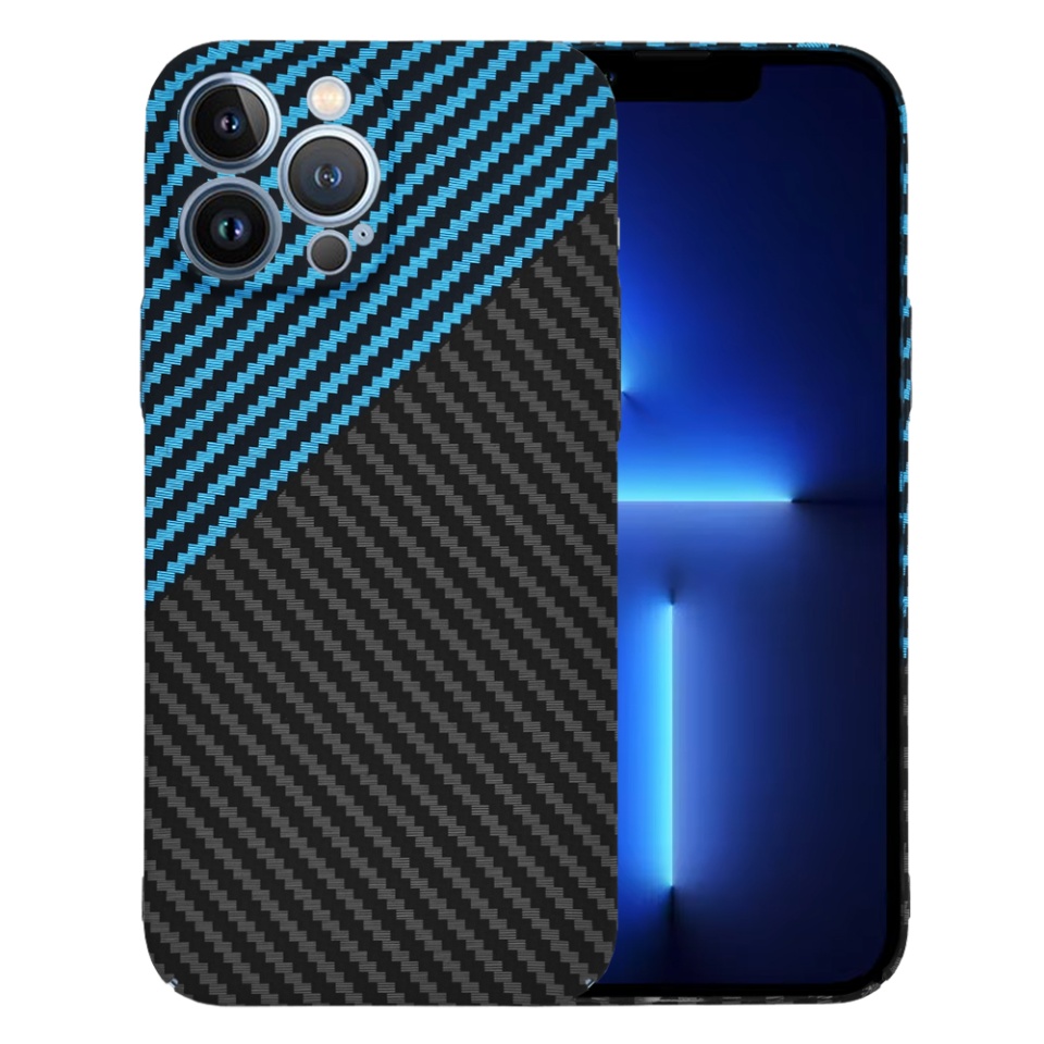 Husa pentru iPhone 13 Pro Max, SKYDDAR INNOVATION, textura carbon, Carbonite FiberShell, Bleu, set cu sticker