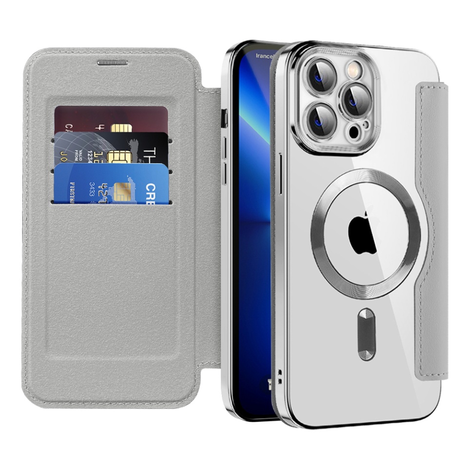 Husa pentru iPhone 13 Pro Max tip carte, SKYDDAR INOVATION, SmartMag Book, Magsafe, RFiD, Suport Carduri, set cu sticker, Gri