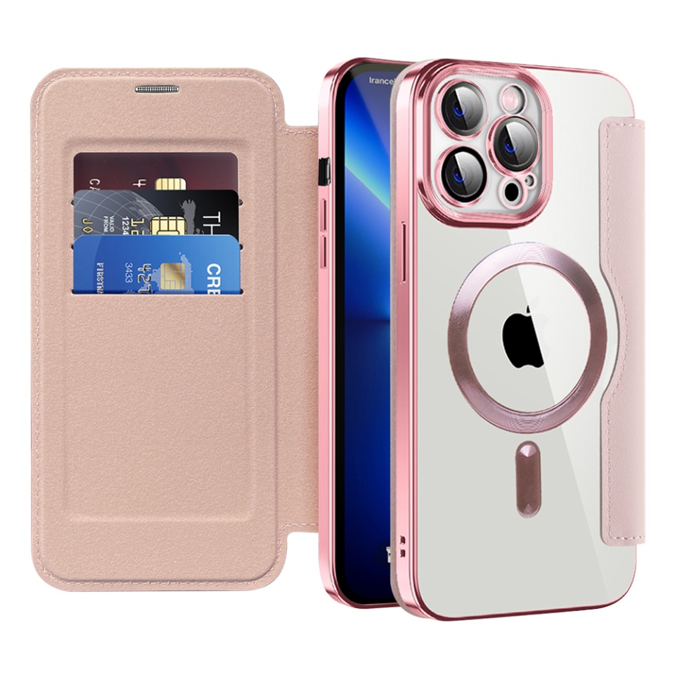 Husa pentru iPhone 13 Pro Max tip carte, SKYDDAR INOVATION, SmartMag Book, Magsafe, RFiD, Suport Carduri, set cu sticker, Roz
