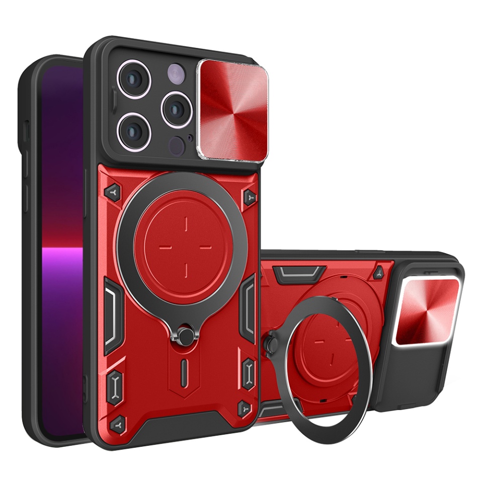 Husa pentru iPhone 13 Pro, SKYDDAR INNOVATION, CamGuard Pro, Inel Magnetic, Protectie Camera, Rosu, set cu sticker