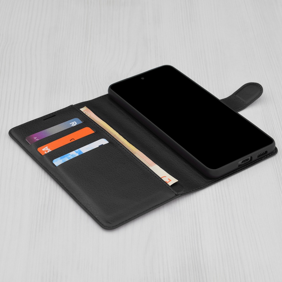 Husa pentru iPhone 13 Pro, SKYDDAR INNOVATION, Leather Folio, tip Carte, cu Portofel Interior, Finisaje Premium, Negru, set cu sticker - 2 | YEO