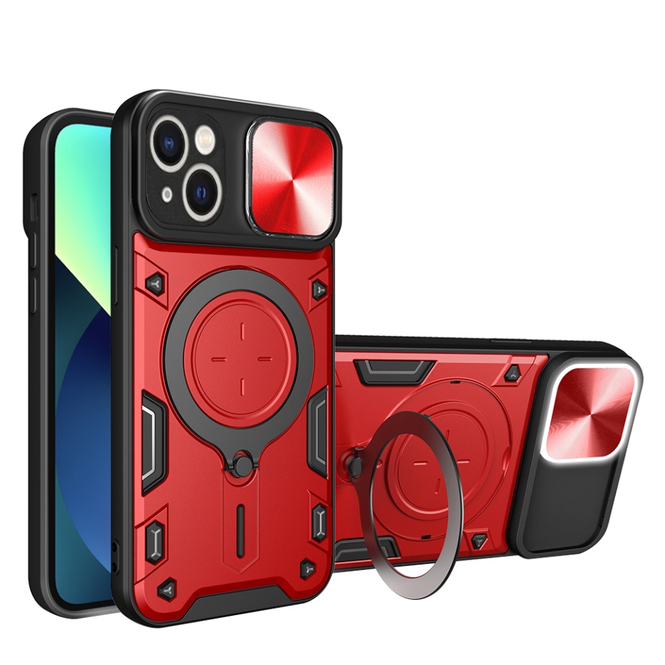 Husa pentru iPhone 13, SKYDDAR INNOVATION, CamGuard Pro, Inel Magnetic, Protectie Camera, Rosu, set cu sticker