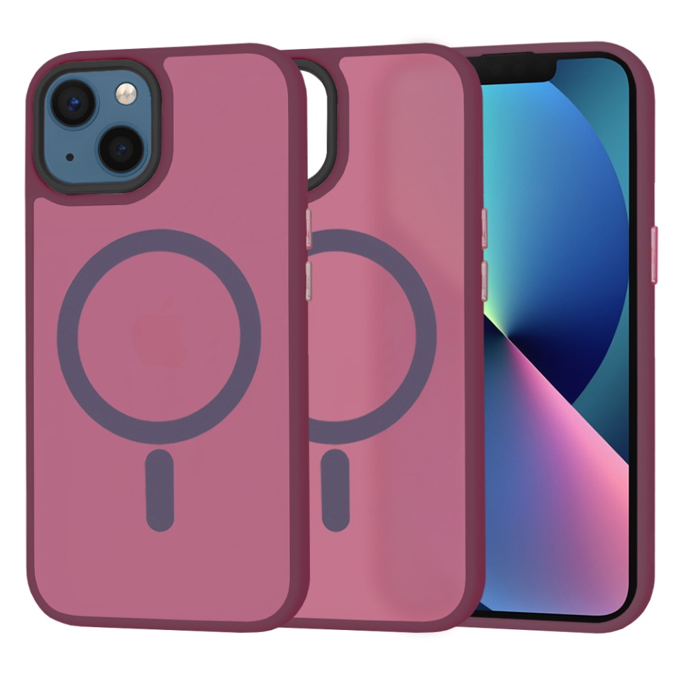 Husa pentru iPhone 13, SKYDDAR INNOVATION, HaloFrost MagSafe, Antisoc, set cu sticker, Bordo