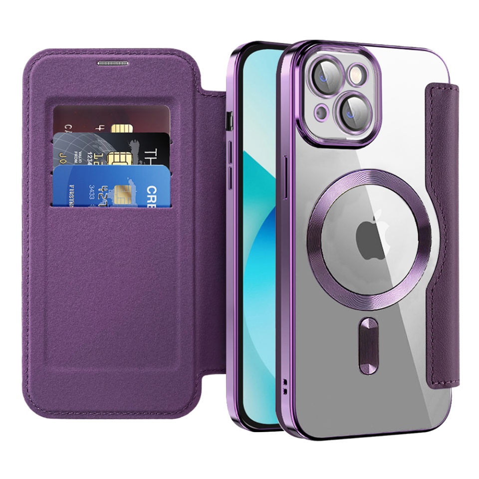 Husa pentru iPhone 13 tip carte, SKYDDAR INOVATION, SmartMag Book, Magsafe, RFiD, Suport Carduri, set cu sticker, Mov