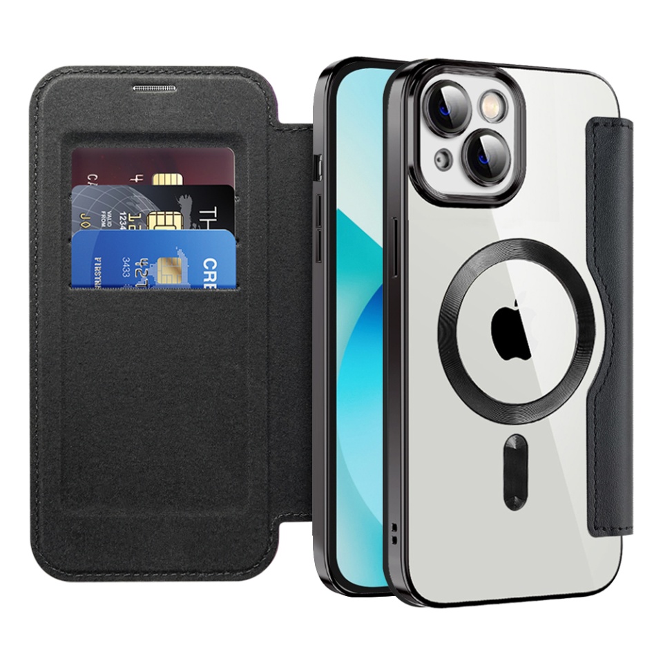 Husa pentru iPhone 13 tip carte, SKYDDAR INOVATION, SmartMag Book, Magsafe, RFiD, Suport Carduri, set cu sticker, Negru