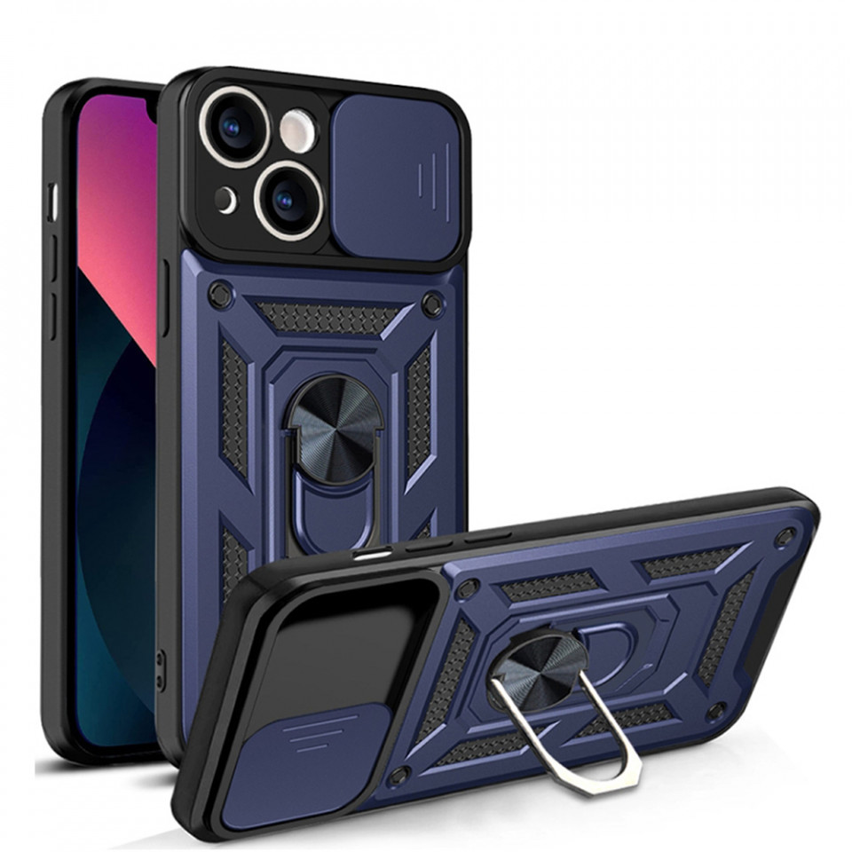 Husa pentru iPhone 14 cu inel magnetic si protectie camera Skyddar CamShield - Albastru