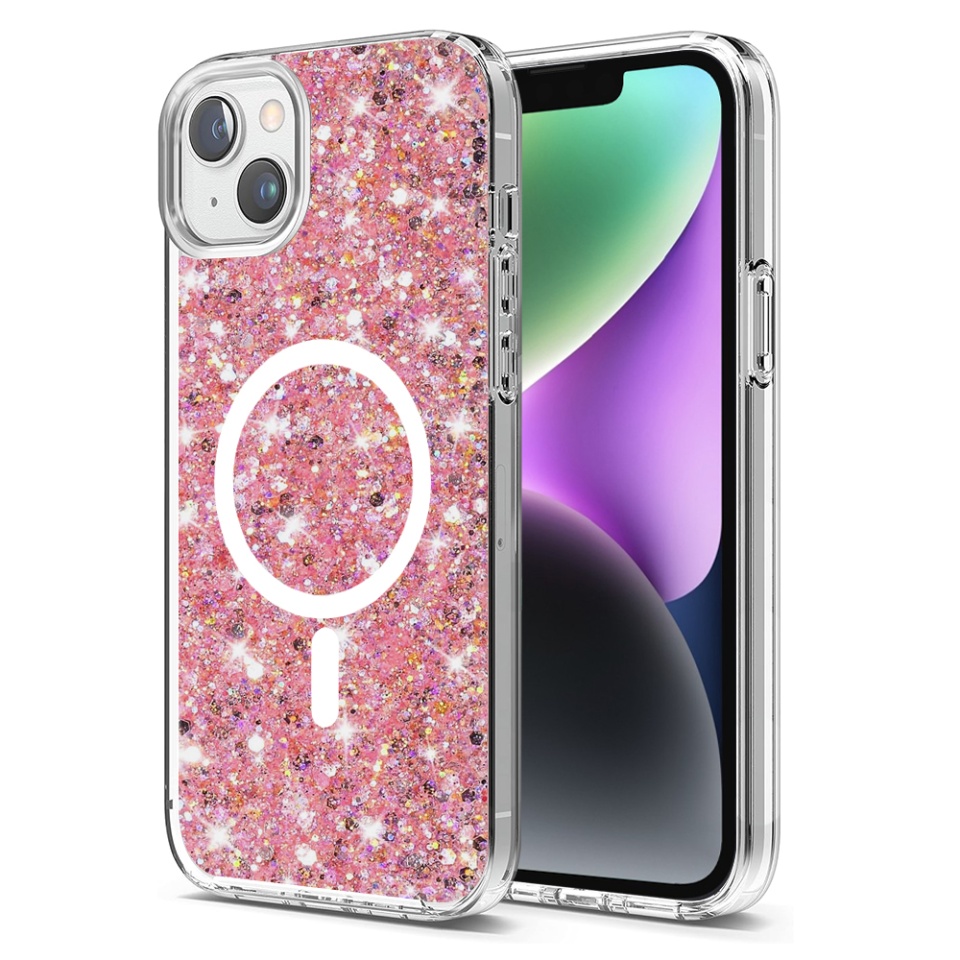Husa pentru iPhone 14 Plus / 15 Plus, SKYDDAR INNOVATION, SparkleCase, din Silicon cu Sclipici, Protectie Completa, Magenta, set cu sticker