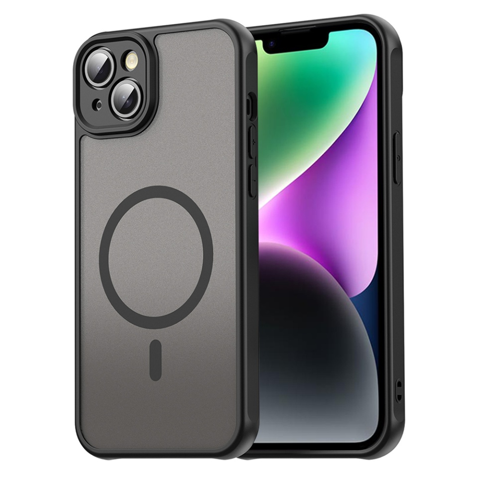 Husa pentru iPhone 14 Plus, SKYDDAR INNOVATION, HaloFrost MagSafe II, Antisoc, set cu sticker, Negru