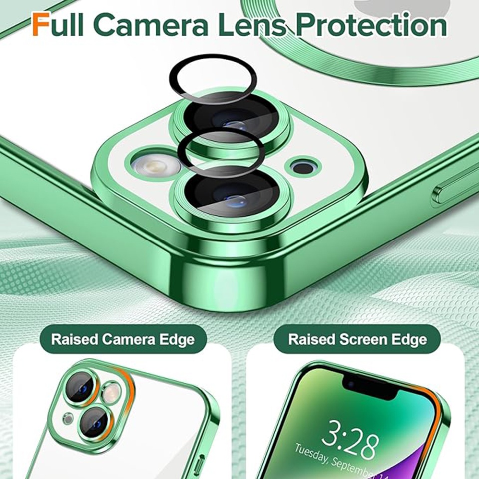 Husa pentru iPhone 14 Plus, SKYDDAR INNOVATION, Luxury Shield Magsafe, Protectie Antisoc, Verde deschis, set cu sticker - 3 | YEO
