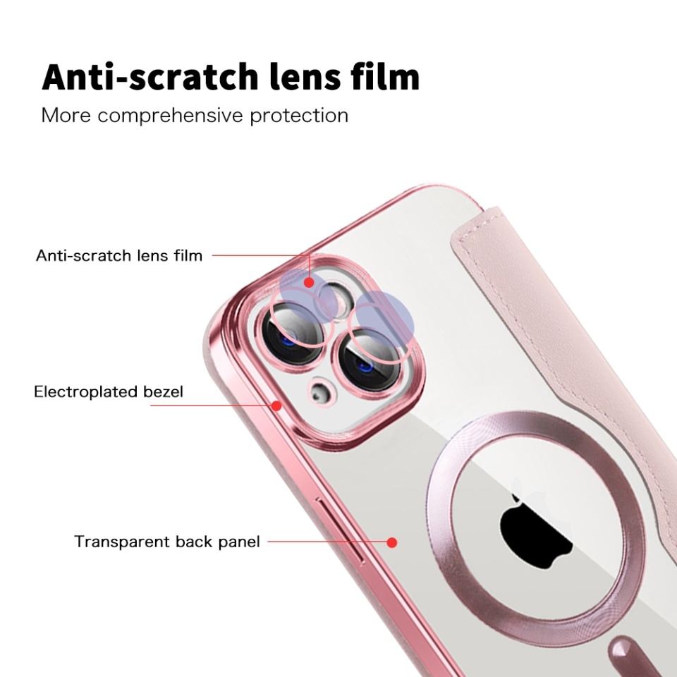 Husa pentru iPhone 14 Plus tip carte, SKYDDAR INOVATION, SmartMag Book, Magsafe, RFiD, Suport Carduri, set cu sticker, Roz - 2 | YEO