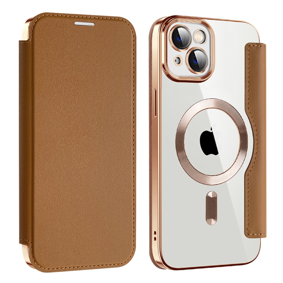 Husa pentru iPhone 14 Plus tip carte, SKYDDAR INOVATION, SmartMag Book, Magsafe, RFiD, Suport Carduri, set cu sticker, Maro - 1 | YEO