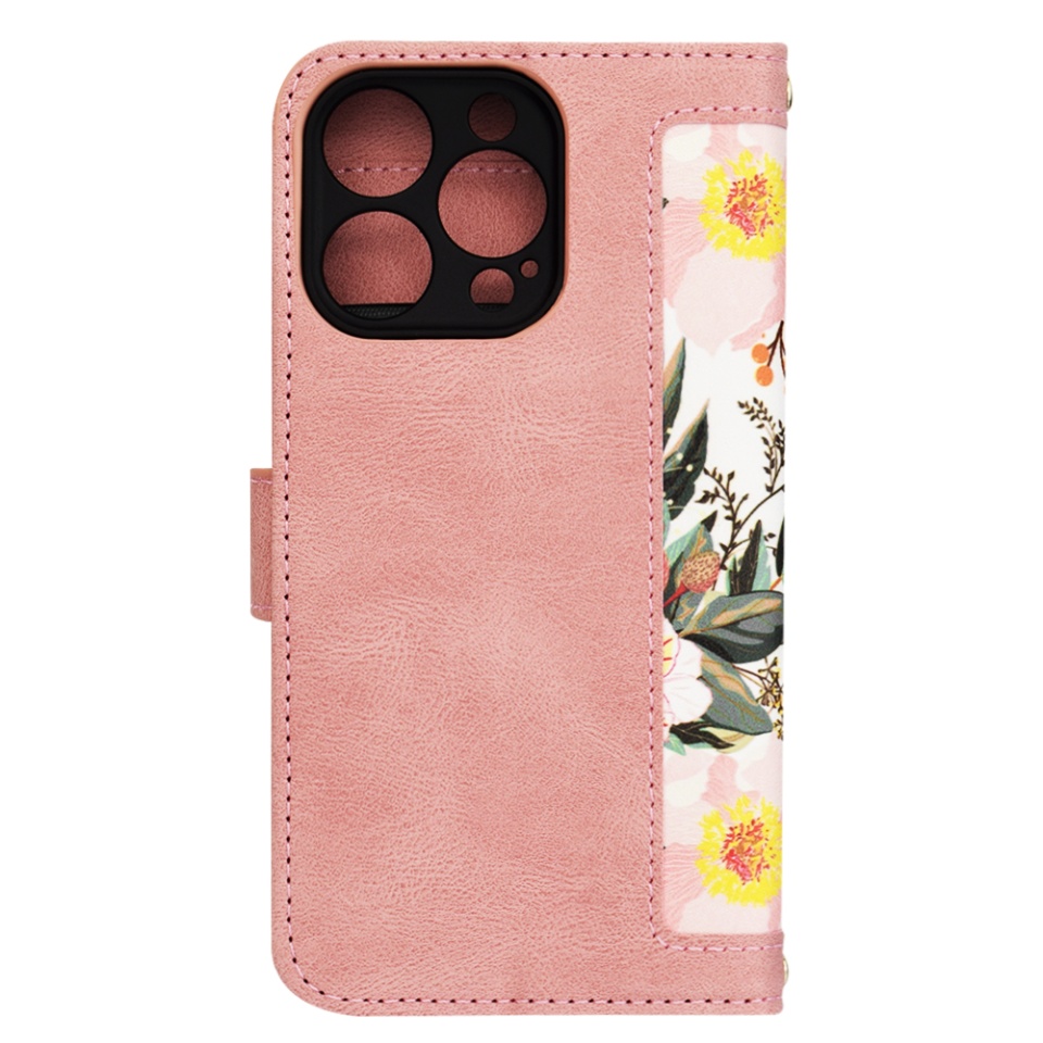 Husa pentru iPhone 14 Pro din Piele Ecologică cu Design Floral, Protecție 360°, Stand Integrat, Buzunare pentru Carduri, SKDR Floral Wallet - Roz - 2 | YEO