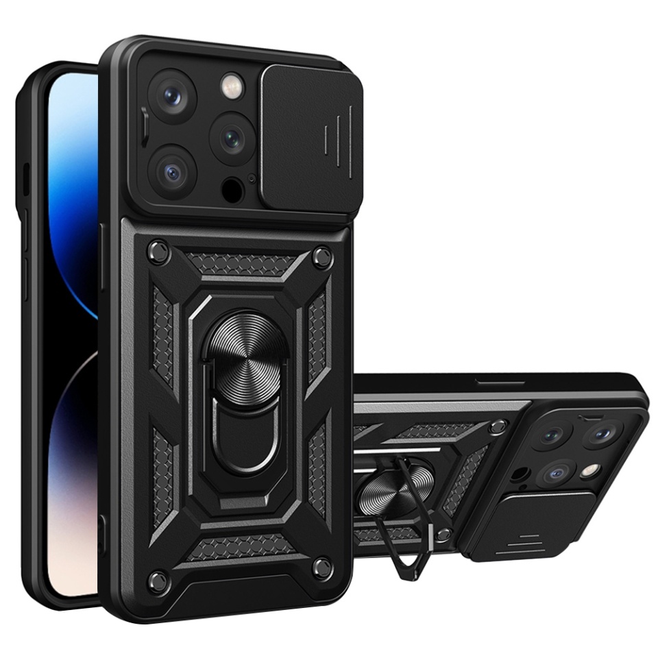 Husa pentru iPhone 14 Pro Max, SKYDDAR INNOVATION, CamShield, Negru, set cu sticker