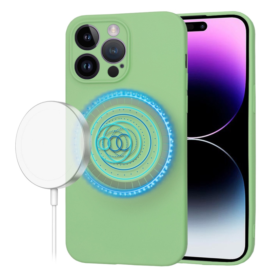 Husa pentru iPhone 14 Pro Max, SKYDDAR INNOVATION, din Silicon Catifelat, SoftFlex Magsafe, Verde deschis, set cu sticker