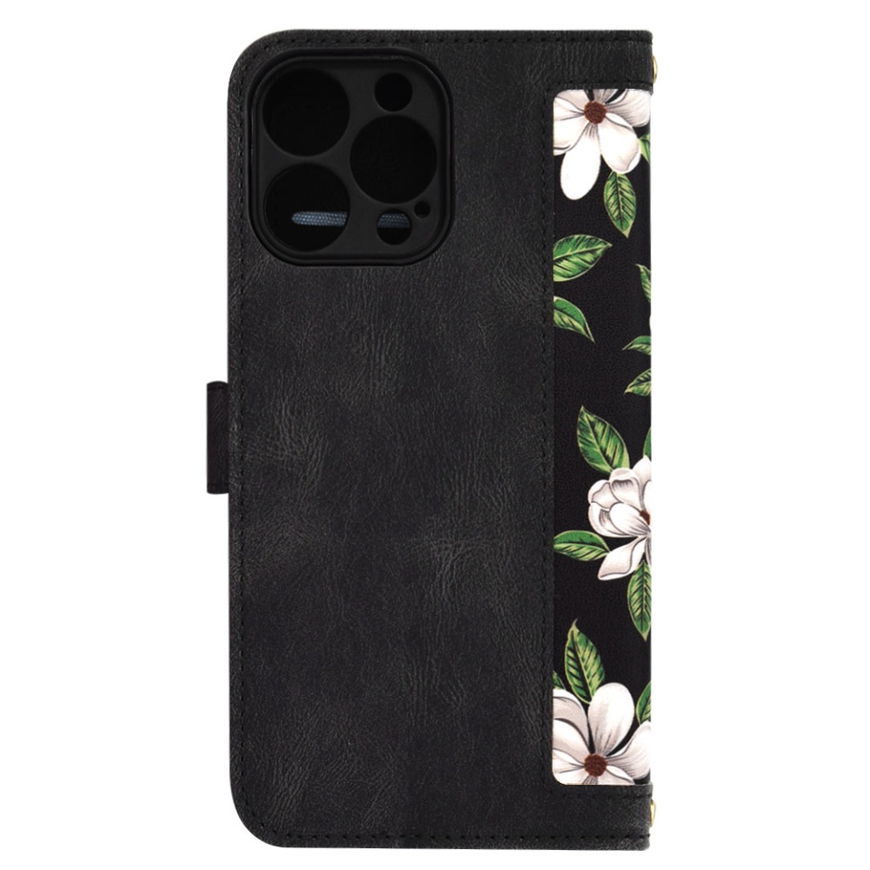 Husa pentru iPhone 14 Pro Max, SKYDDAR INNOVATION, Floral Wallet, din Piele Ecologică cu Design Floral, Protecție 360°, Stand Integrat, Buzunare pentru Carduri, Negru, set cu sticker - 2 | YEO