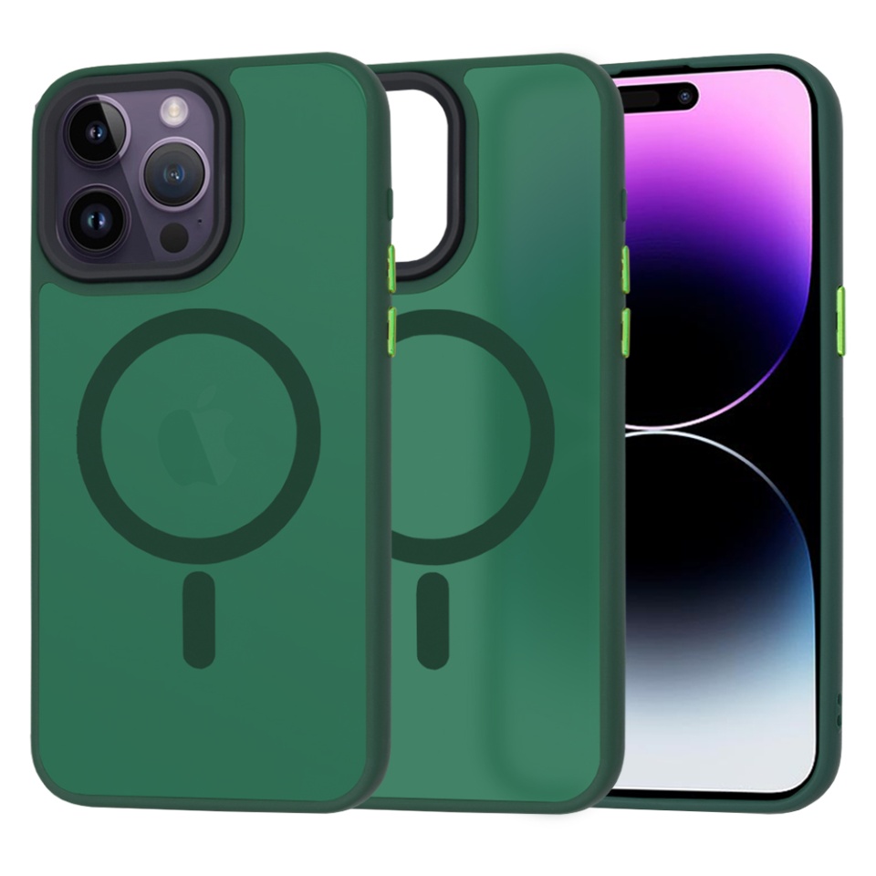Husa pentru iPhone 14 Pro Max, SKYDDAR INNOVATION, HaloFrost MagSafe, Antisoc, set cu sticker, Verde inchis