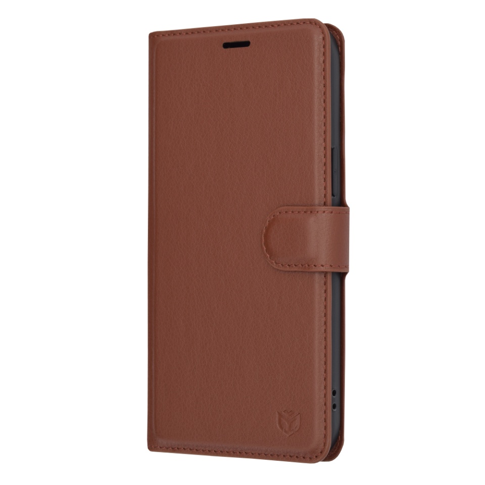 Husa pentru iPhone 14 Pro Max, SKYDDAR INNOVATION, Leather Folio, tip Carte, cu Portofel Interior, Finisaje Premium, Maro, set cu sticker - 3 | YEO