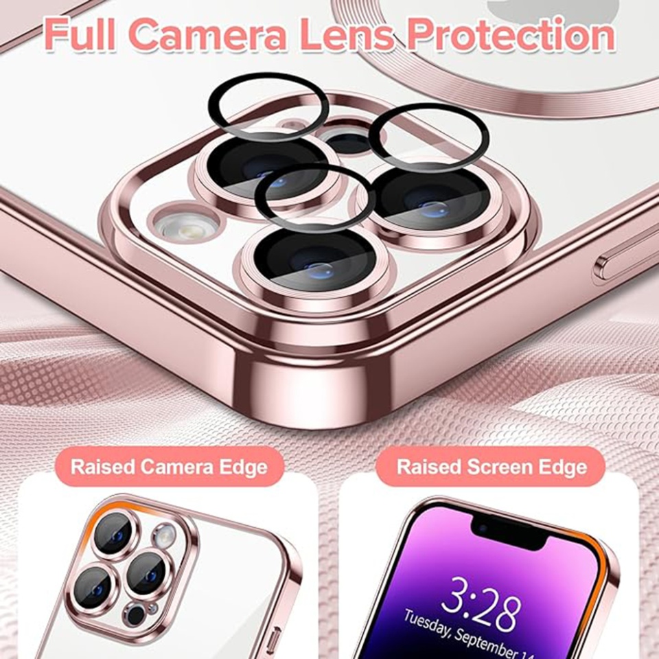Husa pentru iPhone 14 Pro Max, SKYDDAR INNOVATION, Luxury Shield Magsafe, Protectie Antisoc, Roz, set cu sticker - 3 | YEO