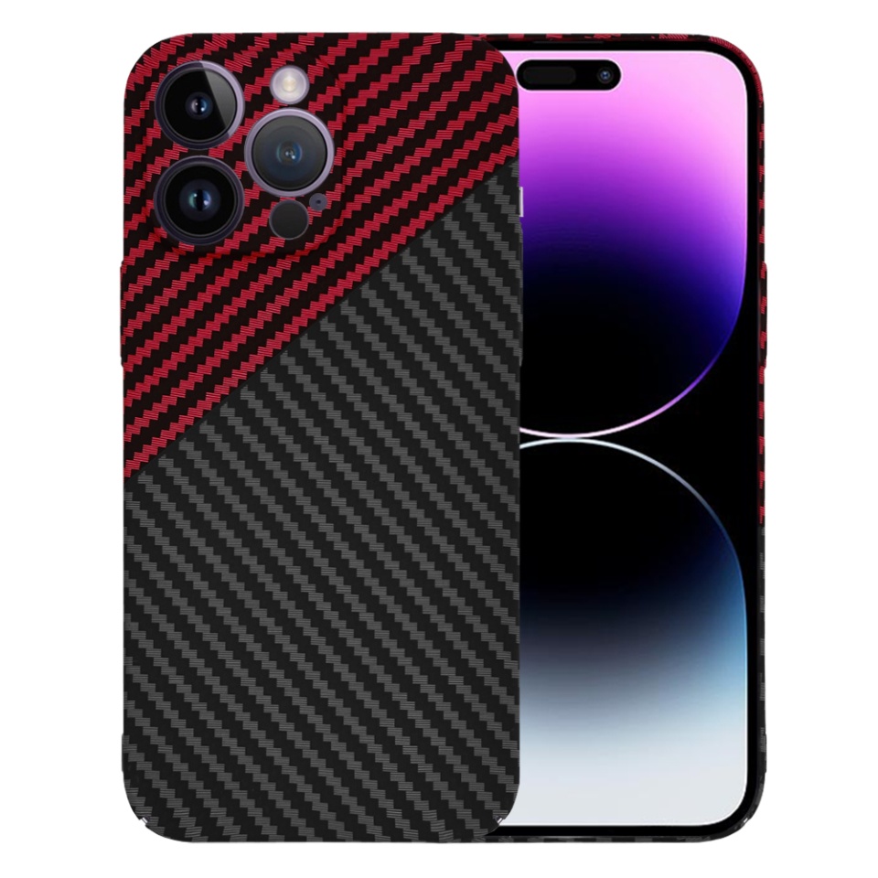 Husa pentru iPhone 14 Pro Max, SKYDDAR INNOVATION, textura carbon, Carbonite FiberShell, Rosu inchis, set cu sticker
