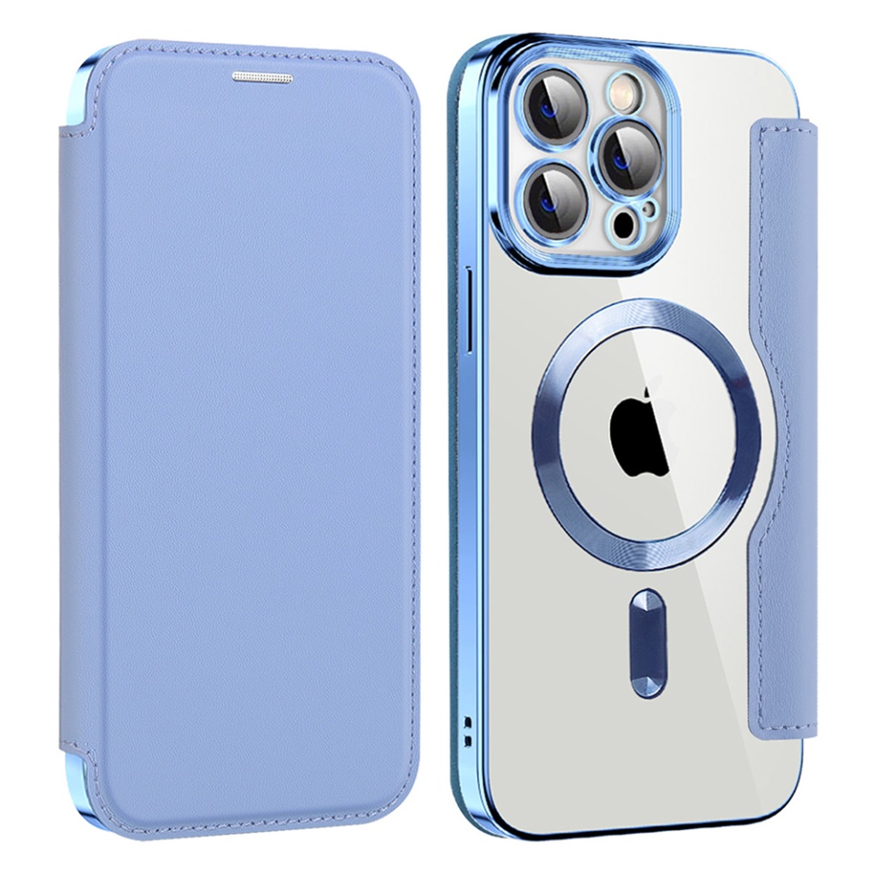 Husa pentru iPhone 14 Pro Max tip carte, SKYDDAR INOVATION, SmartMag Book, Magsafe, RFiD, Suport Carduri, set cu sticker, Bleu - 1 | YEO