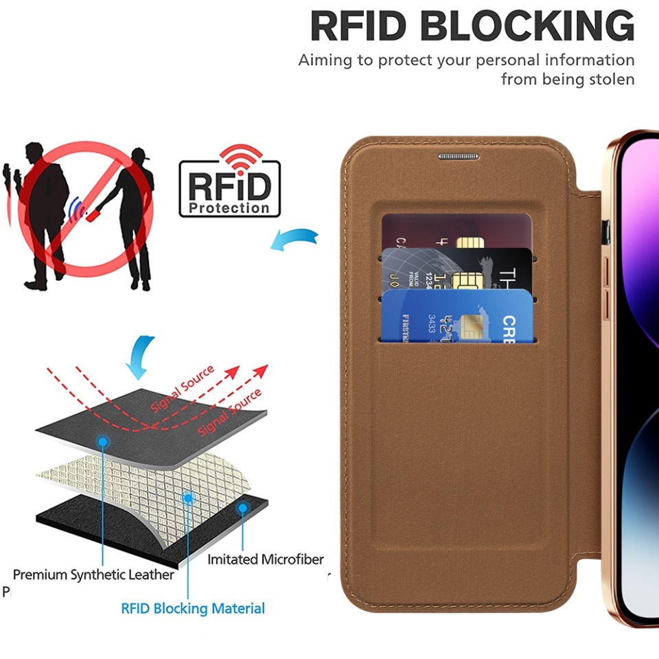 Husa pentru iPhone 14 Pro Max tip carte, SKYDDAR INOVATION, SmartMag Book, Magsafe, RFiD, Suport Carduri, set cu sticker, Maro - 3 | YEO