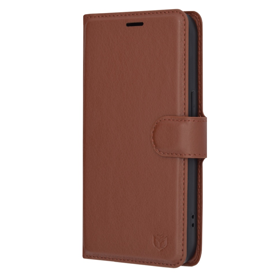Husa pentru iPhone 14 Pro, SKYDDAR INNOVATION, Leather Folio, tip Carte, cu Portofel Interior, Finisaje Premium, Maro, set cu sticker - 3 | YEO