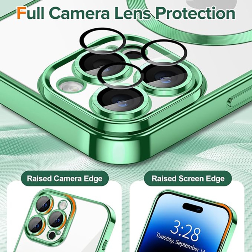Husa pentru iPhone 14 Pro, SKYDDAR INNOVATION, Luxury Shield Magsafe, Protectie Antisoc, Verde deschis, set cu sticker - 3 | YEO