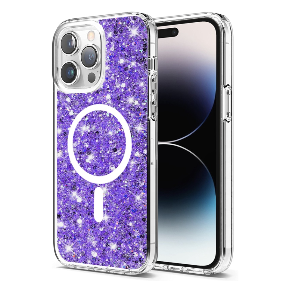 Husa pentru iPhone 14 Pro, SKYDDAR INNOVATION, SparkleCase, din Silicon cu Sclipici, Protectie Completa, Mov, set cu sticker
