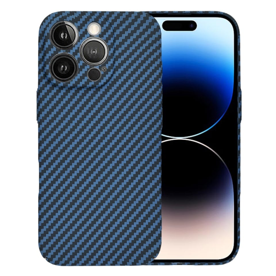 Husa pentru iPhone 14 Pro, SKYDDAR INNOVATION, textura carbon, Carbonite FiberShell, Cyan, set cu sticker