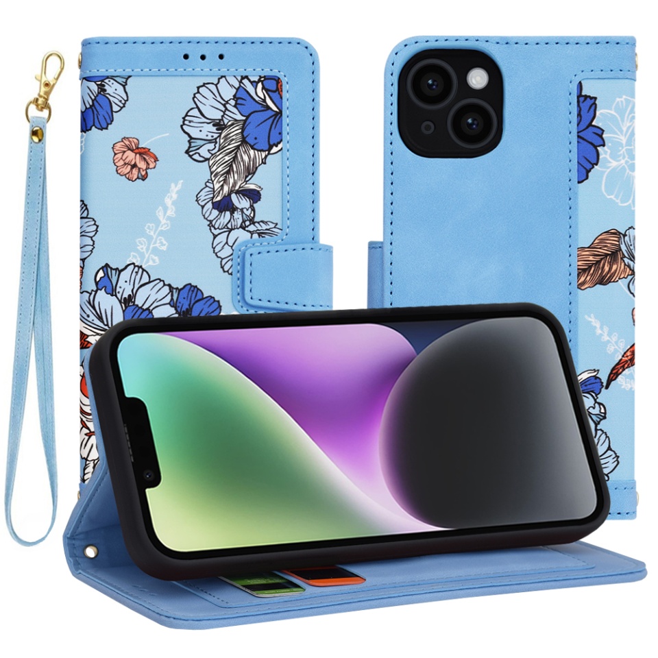 Husa pentru iPhone 14, SKYDDAR INNOVATION, Floral Wallet, din Piele Ecologică cu Design Floral, Protecție 360°, Stand Integrat, Buzunare pentru Carduri, Bleu, set cu sticker