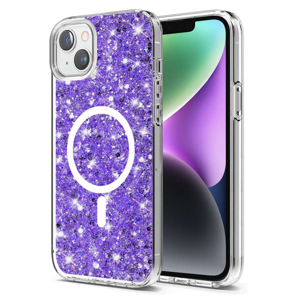 Husa pentru iPhone 14, SKYDDAR INNOVATION, SparkleCase, din Silicon cu Sclipici, Protectie Completa, Mov, set cu sticker