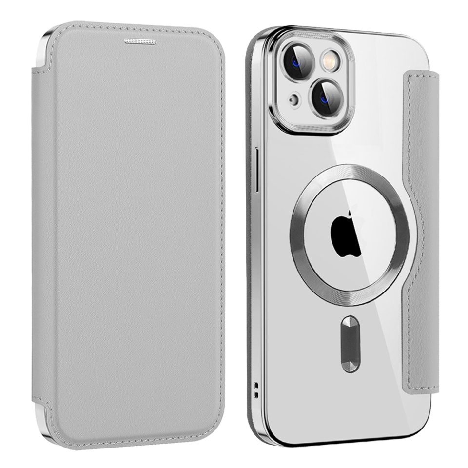 Husa pentru iPhone 14 tip carte, SKYDDAR INOVATION, SmartMag Book, Magsafe, RFiD, Suport Carduri, set cu sticker, Gri - 1 | YEO