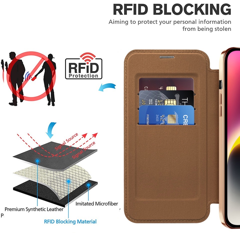 Husa pentru iPhone 14 tip carte, SKYDDAR INOVATION, SmartMag Book, Magsafe, RFiD, Suport Carduri, set cu sticker, Maro - 3 | YEO