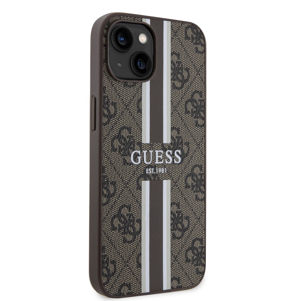 Husa pentru iPhone 15, Guess, Guess, Hardcase 4G Printed Stripes MagSafe, Maro - 2 | YEO