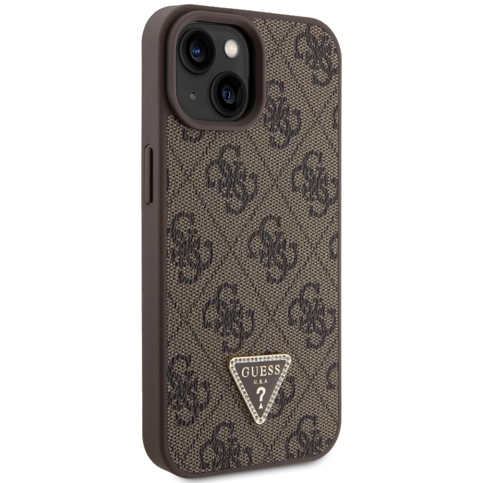 Husa pentru iPhone 15, Guess, Leather 4G Triangle Strass, Maro - 3 | YEO