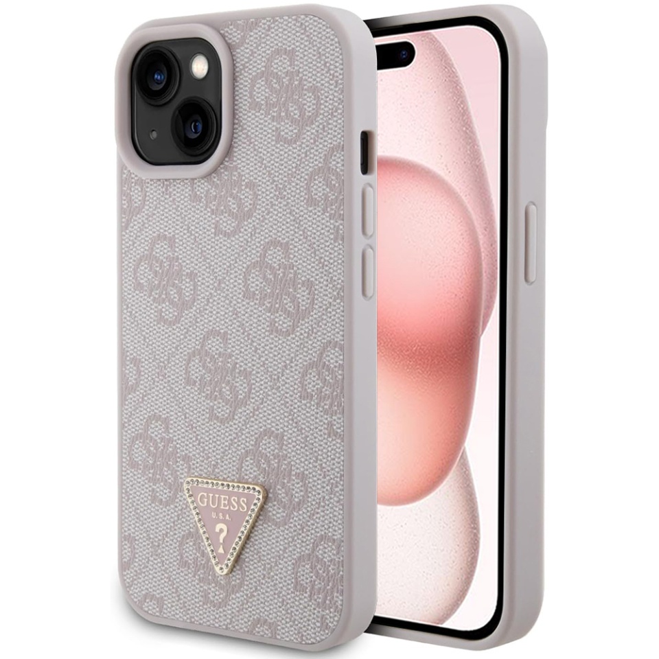 Husa pentru iPhone 15, Guess, Leather 4G Triangle Strass, Roz