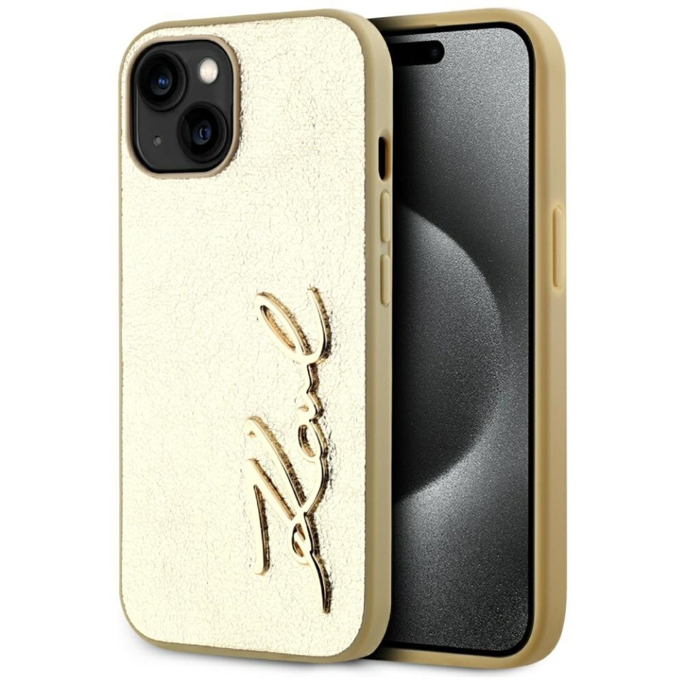 Husa pentru iPhone 15, Hardcase Leather, Karl Lagerfeld, Auriu