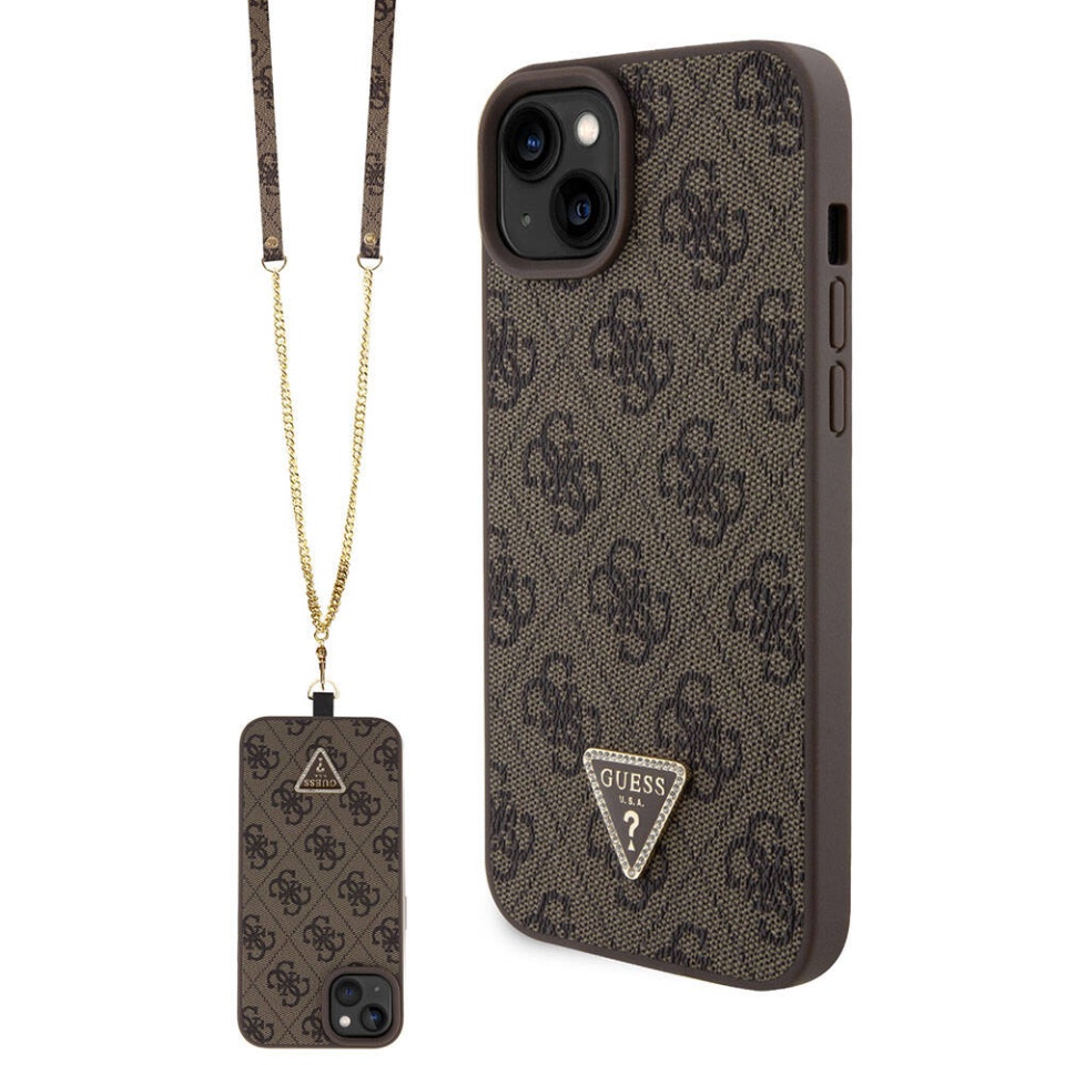 Husa pentru iPhone 15 Plus cu snur, Leather Metal Logo Strass Crossbody, Guess - Maro