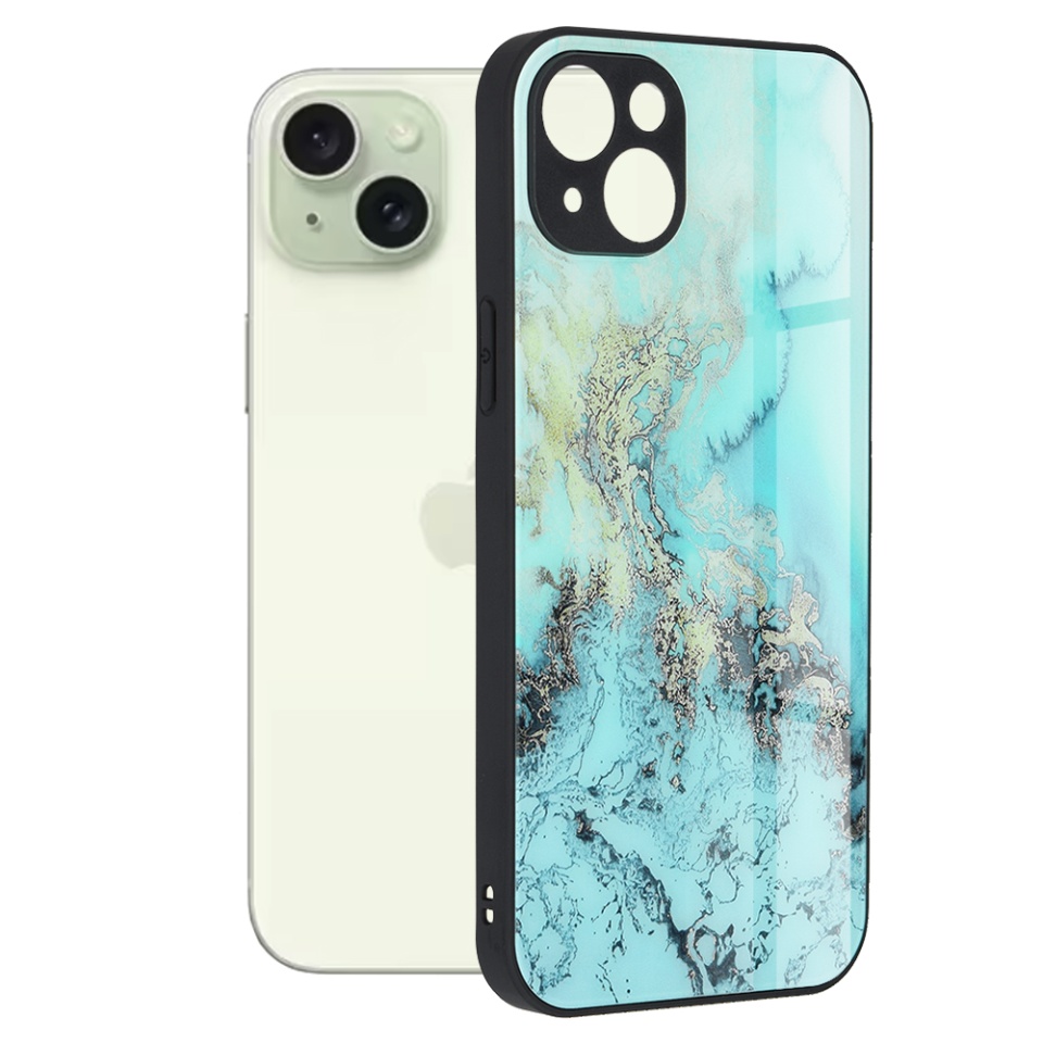 Husa pentru iPhone 15 Plus cu sticla securizata, Glaze - Bleu