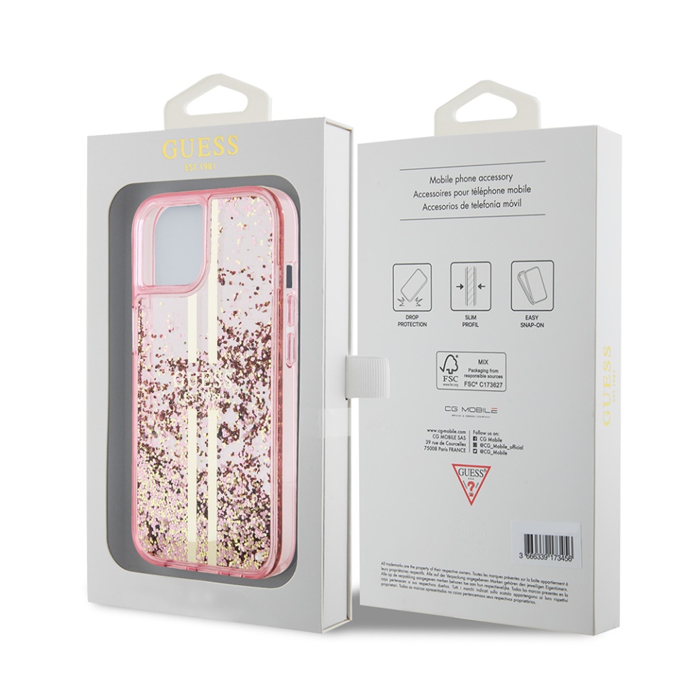 Husa pentru iPhone 15 Plus, Liquid Glitter Gold Stripes, Guess - Roz - 7