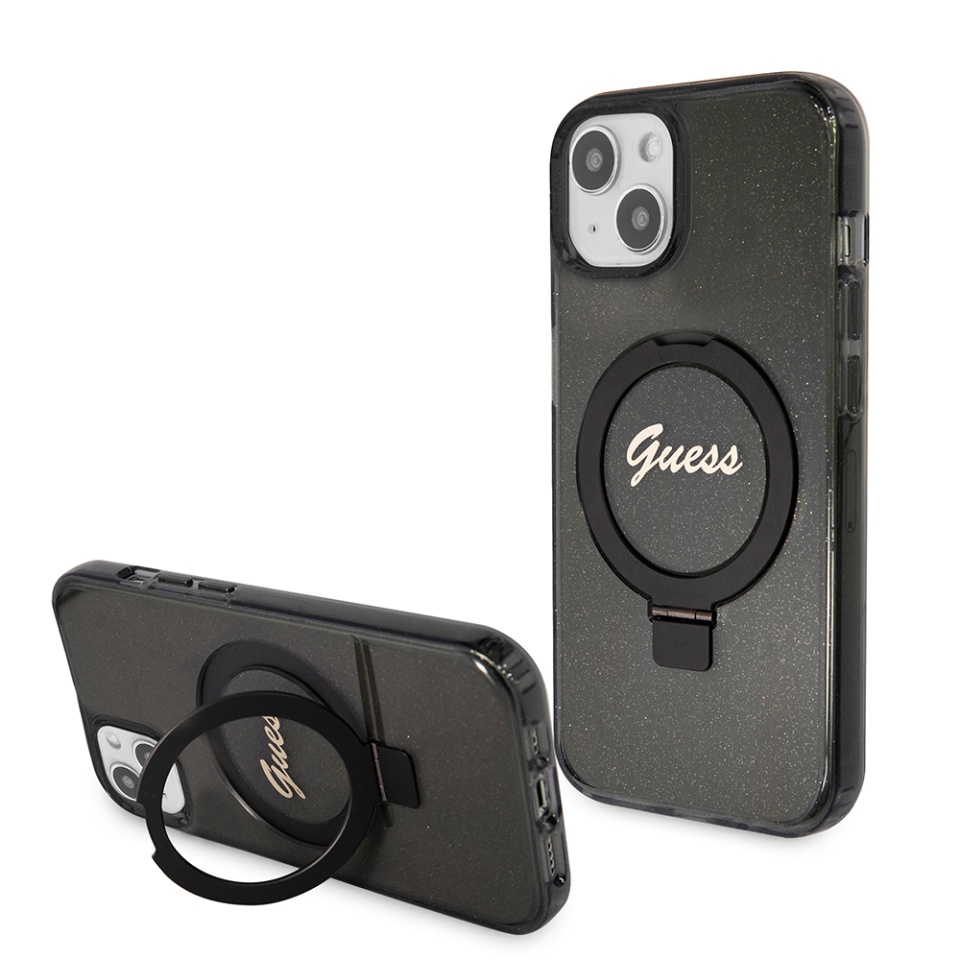 Husa pentru iPhone 15 Plus Ring Stand Script Glitter, Guess - Negru